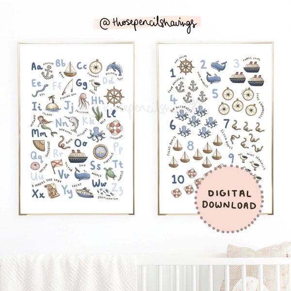 Nautical Alphabet and Numbers Prints | ABC 123 Poster | A-Z and Counting Nursery Print | Ocean Kids Room | Digital Download