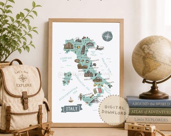 Mapa ilustrado de Italia: Póster con lugares emblemáticos para viajeros (Descarga digital)