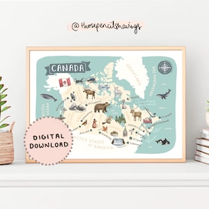 Kanada Karte Print | Illustrierte kanadische Wandkunst | Niedliche Landschaften & Tiere | Reise Karte Poster | DIGITALER DOWNLOAD