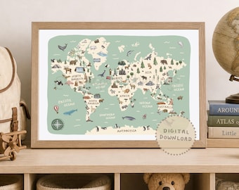 Illustrated World Map Print: Educational Nursery Decor (Digital Download)