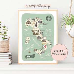 Italy Map Print | Illustrated Italy Printable Wall Art | Cute Europe Landmarks | Italian Travel Map Poster | DIGITAL DOWNLOAD