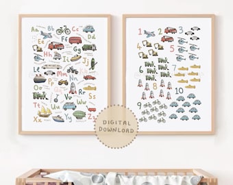 Alfabeto e números do transporte: Decoração para quarto de bebê com tema de veículos (Download digital)