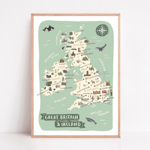 Great Britain and Ireland Map Print | Illustrated UK and Ireland Poster | Cute Landmarks & Animals | British Isles Travel Art