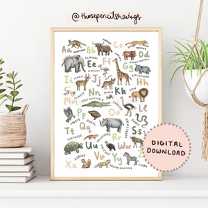 Alphabet animaux de safari imprimé | Affiche ABC mignonne | Décoration murale pour chambre d'enfants, animaux d'Afrique de A à Z | Décoration de chambre d'enfants savane | TÉLÉCHARGEMENT NUMÉRIQUE