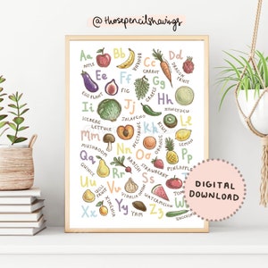 Fruits & Vegetables Alphabet Print | Illustrated A to Z Poster | ABC Wall Art for Kitchen, Classroom or Nursery | DIGITAL DOWNLOAD