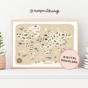 Weltkarte Print | Illustrierte Weltkarte druckbare Kunst fürs Kinderzimmer | Lernposter mit Globus | Reise Karte Poster | DIGITALER DOWNLOAD