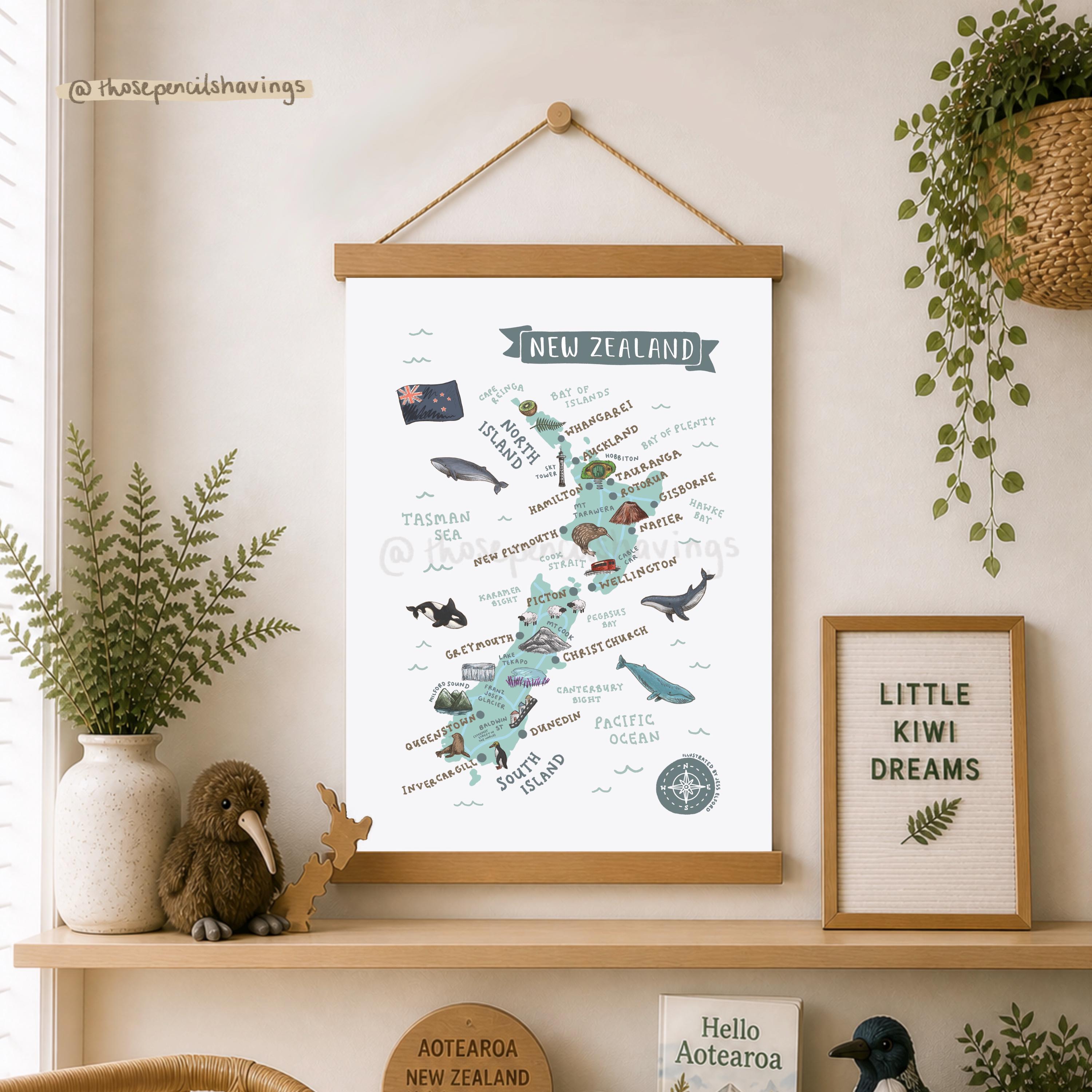 New Zealand Map Print: Illustrated NZ Landmarks & Animals (digital