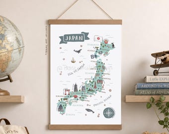 Japan Travel Map Poster: Illustrated Japanese Landmarks Art Print