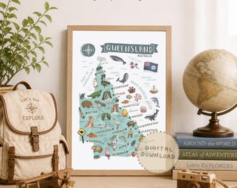 Queensland Map Print: Illustrated Aussie Landmarks & Animals (Digital Download)