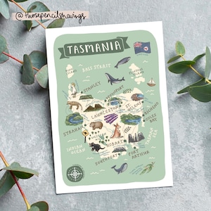Tasmanien Karte Postkarte | Illustrierte Aussie Reise Poster | Niedliche Tasmanische Wahrzeichen & Tiere | Fernweh Geschenk oder Souvenir