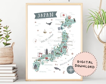 Landkarte von Japan | Niedliche illustrierte Japan Karte | Reisekarte Geschenk | Lehrdruck | Japanisches Klassenzimmer Poster | Digitaler Download