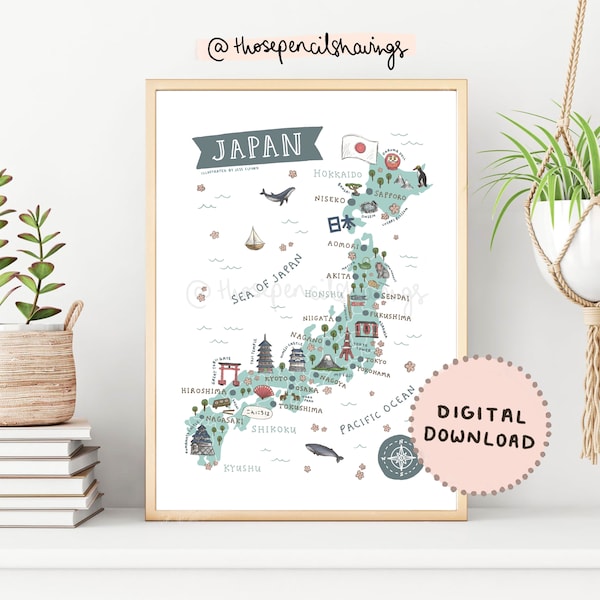 Map of Japan | Cute Illustrated Japan Map | Travel Map Gift | Educational Print | Japanese Classroom Poster | Digital Download