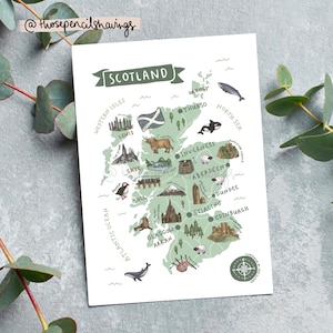 Schottland Karte Postkarte | Illustrierte schottische Reisedruck | Niedliche Wahrzeichen & Icons | Fernweh Geschenk oder Souvenir