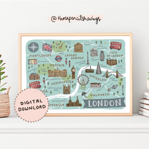 Map of London | Illustrated London Landmarks Print | England Nursery Bedroom Decor | UK Travel Map Poster | Digital Download