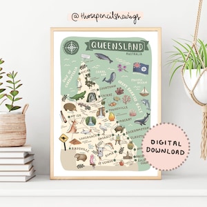 Queensland Karte Drucken | Illustrierte QLD druckbare Kunst | Niedliche Aussie Wahrzeichen & Tiere | Australien Reise Karte Poster | DIGITALER DOWNLOAD