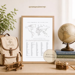 Pode incluir: Um cartaz branco emoldurado com um mapa-múndi de linhas pretas, o texto Countries I've Visited e uma lista de países. A impressão inclui o nome @thosepencilshavings e uma marca de água circular Digital Download.