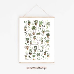 Op de afbeelding: Een ingelijste botanische print met een plantenalfabet, waarbij elke letter vergezeld gaat van een gedetailleerde illustratie en naam. Het kunstwerk toont diverse potplanten in groen- en bruintinten, met de tekst in een bijpassende groene kleur. De print wordt gepresenteerd tegen een witte achtergrond.