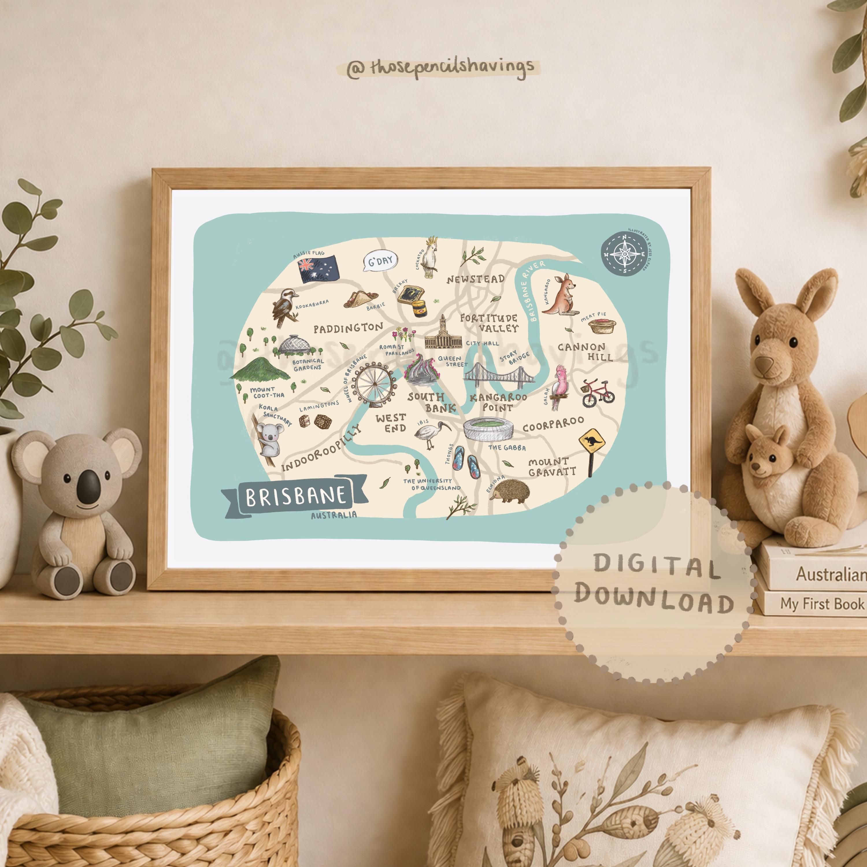 Brisbane Australia Map Print: Illustrated Travel Poster (digital