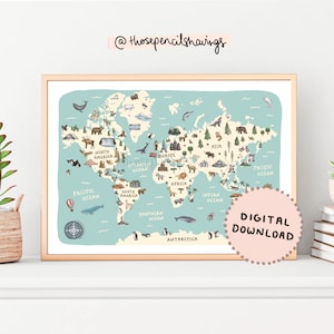 Weltkarte Print | Illustrierte Weltkarte druckbare Kunst fürs Kinderzimmer | Lernposter mit Globus | Reise Karte Poster | DIGITALER DOWNLOAD