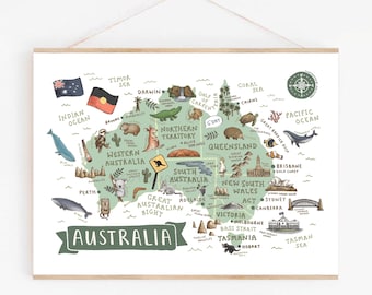 Mappa dell'Australia stampata: monumenti e animali australiani illustrati