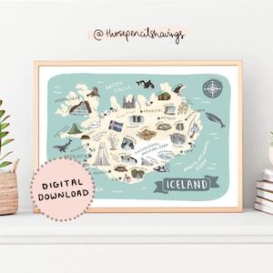 Island Karte Print | Illustrierte isländische druckbare Kunst | Niedliche Nordische Wahrzeichen & Tiere | Reise Karte Poster | DIGITALER DOWNLOAD