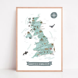 Vereinigtes Königreich Karte Drucken | Illustriertes UK Wandkunst Poster | Niedliche Landschaften & Tiere | Britisches Reisegeschenk