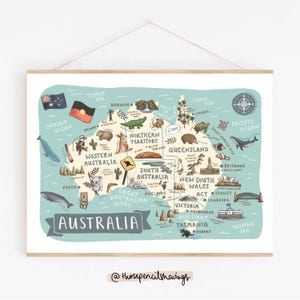 Australien Karte Poster | Illustriertes Reise Poster | Niedliche Aussie Wahrzeichen & Tiere | Fernweh Wand Dekor | Australische Kinderkunst