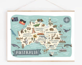 Stampa della mappa dell'Australia: illustrazioni di viaggio e arte dei monumenti australiani
