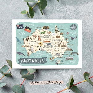postale de l'Australie | Impression de voyage illustrée | Animaux et monuments australiens mignons | Cadeau ou souvenir Wanderlust