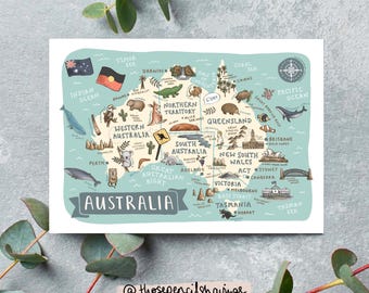 Australia Map Postcard | Illustrated Travel Print | Cute Aussie Landmarks & Animals | Wanderlust Gift or Souvenir