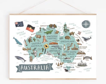 Mappa dell'Australia stampata: monumenti e animali australiani illustrati