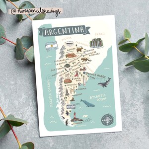 Argentinien Karte Postkarte | Illustrierte Südamerika Reise Poster | Niedliche argentinische Wahrzeichen & Tiere | Fernweh Geschenk oder Souvenir