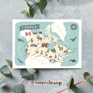 postale de carte du Canada | Impression de voyage illustrée | Animaux et monuments canadiens mignons | Cadeau souvenir du Canada ou envie de voyager