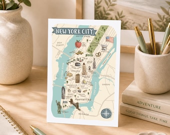 Postal con mapa de la ciudad de Nueva York: souvenir de viaje con los lugares emblemáticos de la ciudad ilustrados