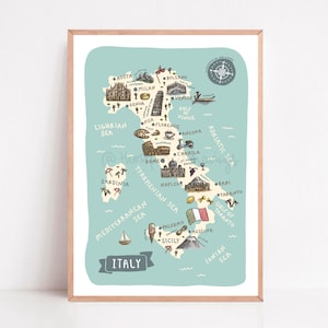 Italy Map Print | Illustrated Travel Poster Souvenir | Cute Europe Landmarks | Wanderlust Wall Decor | Italian Nursery Art