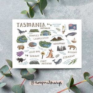 Cartão-postal com os marcos da Tasmânia | Arte ilustrada de viagens australianas | Ícones fofos de Hobart e lembranças