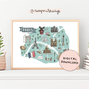 Paris Karte Drucken | Illustrierte Frankreich druckbare Kunst | Niedliche Pariser Wahrzeichen | Reise Karte Poster | DIGITALER DOWNLOAD