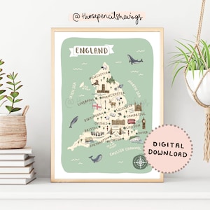 Kaart afdrukken Engeland | Geïllustreerde Britse afdrukbare muurkunst | Leuke bezienswaardigheden en dieren in het VK | Reiskaartposter | DIGITALE DOWNLOAD