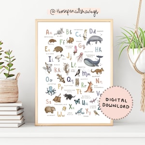 Lámina del alfabeto de animales australianos / Póster ilustrado del alfabeto / Alfabeto de animales de la A a la Z para guardería / Aula australiana o habitación infantil / DESCARGA DIGITAL