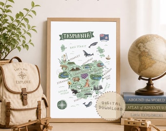 Mappa della Tasmania: poster di viaggio illustrato sull'Australia (download digitale)