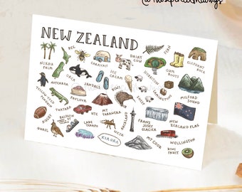 New Zealand Greeting Card | Cute Illustrated NZ Mini Print | Kiwiana Landmarks and Animals Travel Postcard
