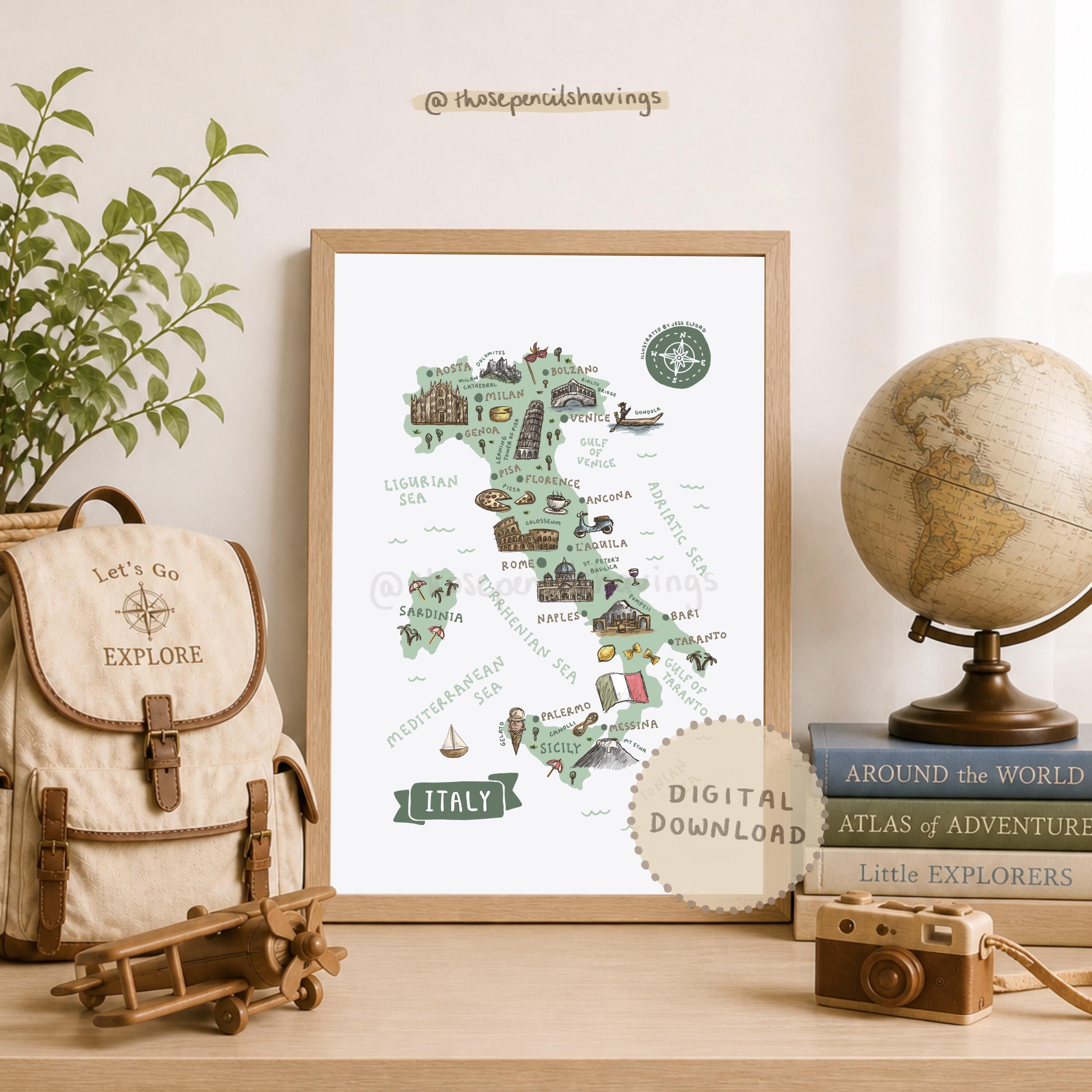 Illustrated Italy Map Print: Travel Landmarks Poster (digital