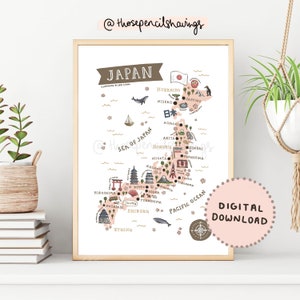 Map of Japan | Cute Illustrated Japan Map | Travel Map Gift | Educational Print | Japanese Classroom Poster | Digital Download