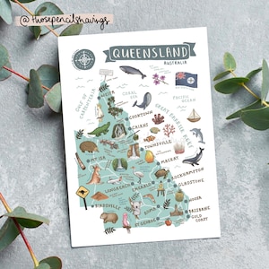Queensland Map Postcard | Illustrated Australian Travel Print | Cute Landmarks & Icons | Wanderlust Gift or Souvenir