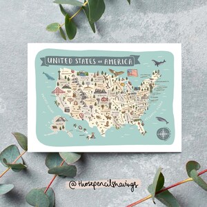 Cartolina con mappa degli Stati Uniti / Stampa illustrata di viaggi americani / Graziosi monumenti e animali degli Stati Uniti / Regalo o souvenir per viaggiatori