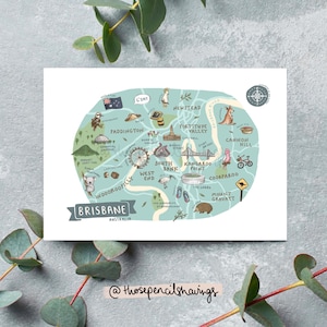 Carte postale de Brisbane – Impression illustrée de la ville d'Australie | Monuments mignons et icônes australiennes | Cadeau ou souvenir de voyage à Brisbane
