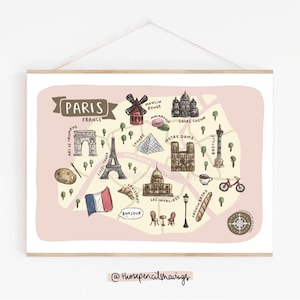 Paris Karte Drucken | Illustrierte Frankreich Reise Poster | Niedliche Paris Wahrzeichen Wandkunst | Fernweh Geschenk oder Souvenir
