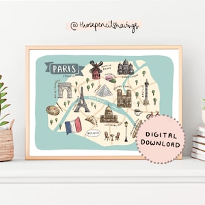 Paris Karte Drucken | Illustrierte Frankreich druckbare Kunst | Niedliche Pariser Wahrzeichen | Reise Karte Poster | DIGITALER DOWNLOAD