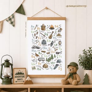 Camping Alphabet Druck: illustriertes ABC, Outdoor Kinderzimmer Dekor
