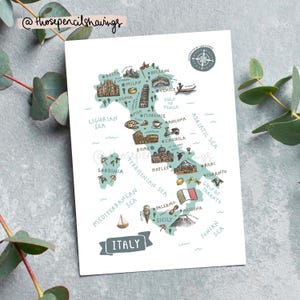 Italy Map Postcard: Illustrated Travel Souvenir, Italian Landmarks